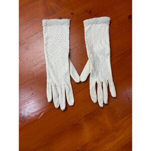 Vintage Hand Beaded Off-White Gloves - Size Small